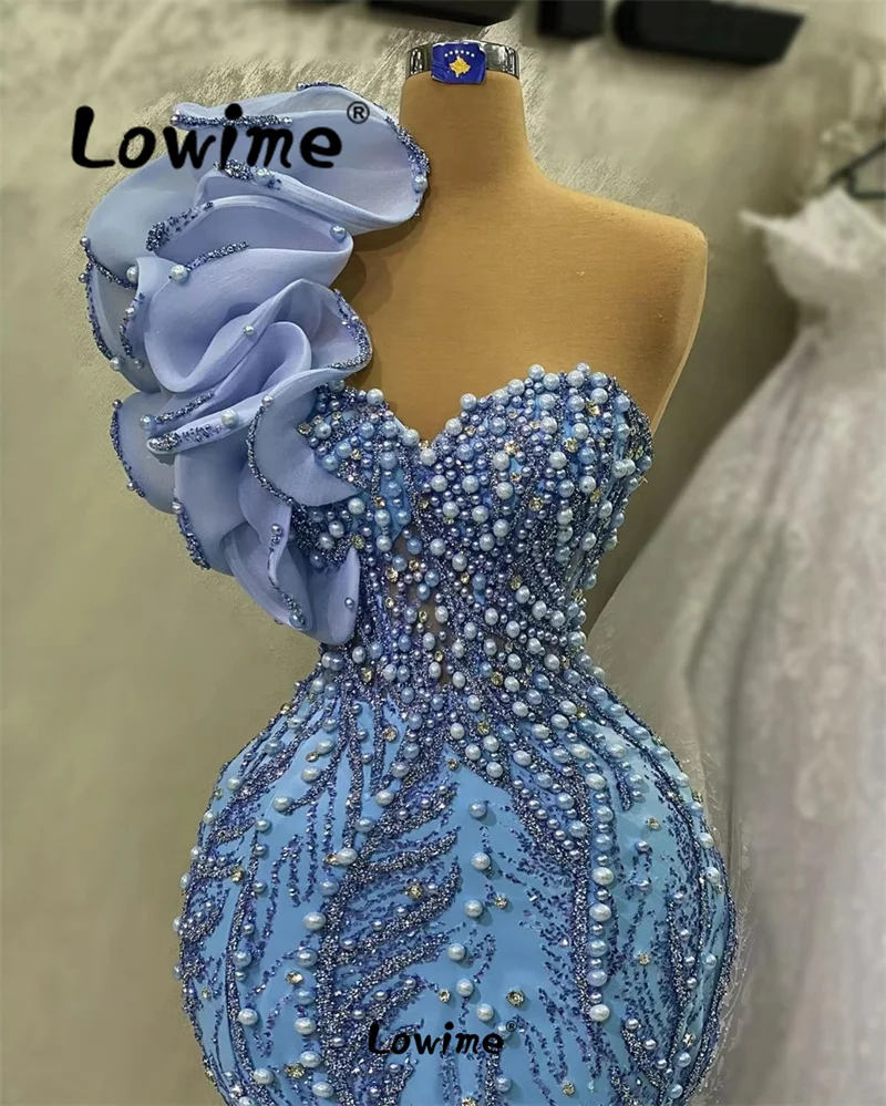 Customized Blue One Shoulder Pearls Mermaid Evening Dress Ruffles Long Prom Dresses Beading Crystals Party Gown For Wedding Robe