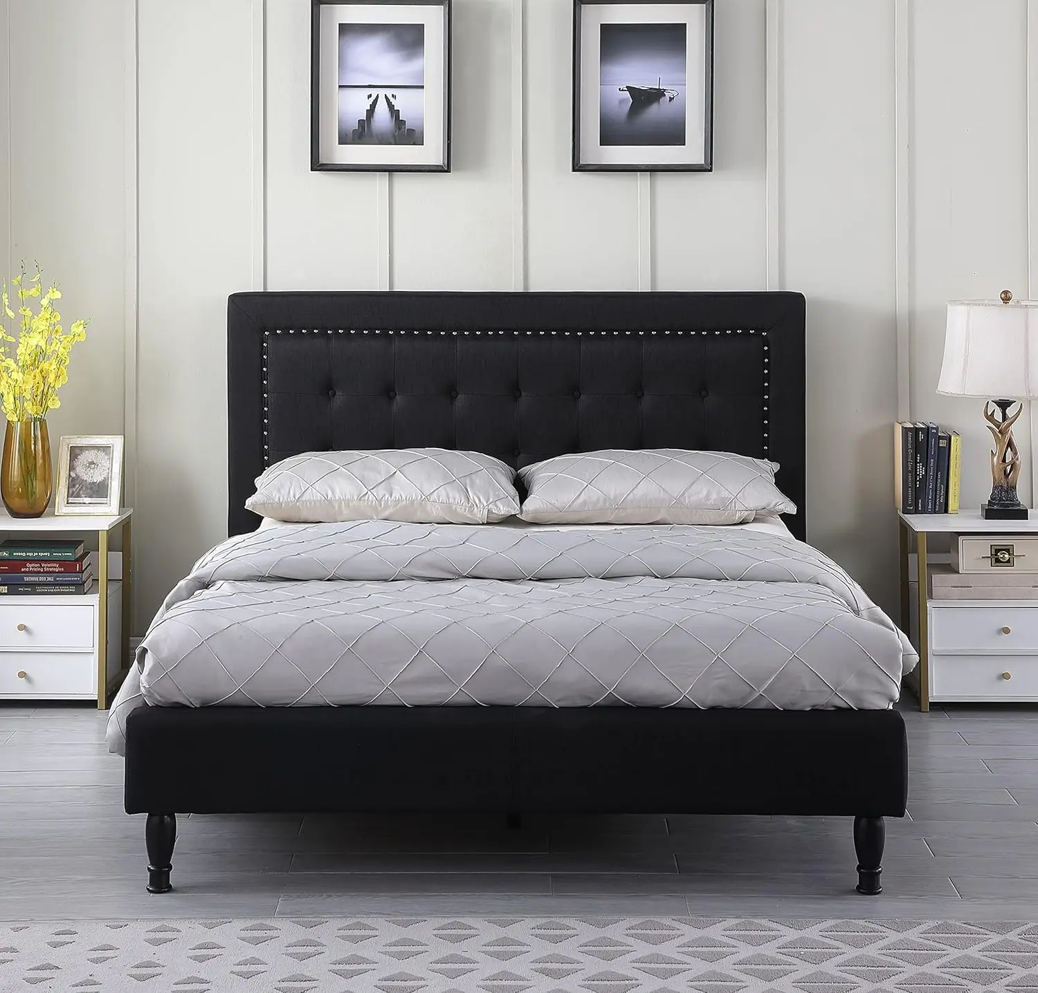 Volledig Gestoffeerd Platform Bedframe Met Getuft Doek Met 43.5 "Hoge Hoofdeinde-Knop