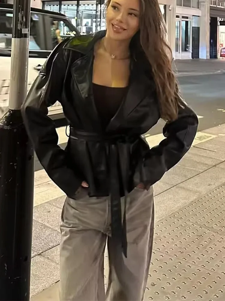 

HH женская новая модная универсальная ветровка из искусственной кожи, женская осенняя темпераментная тонкая куртка с поясом и бантом с лацканами Mujer