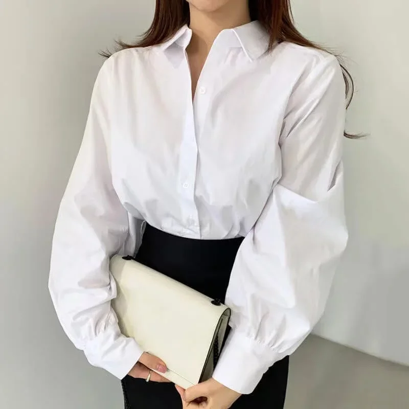 Back Pleated Solid Color Button Up Shirt Korean Women Fashion Long Sleeve Loose Cute Blouse Ladies y2k top Fall Blusas Aesthetic