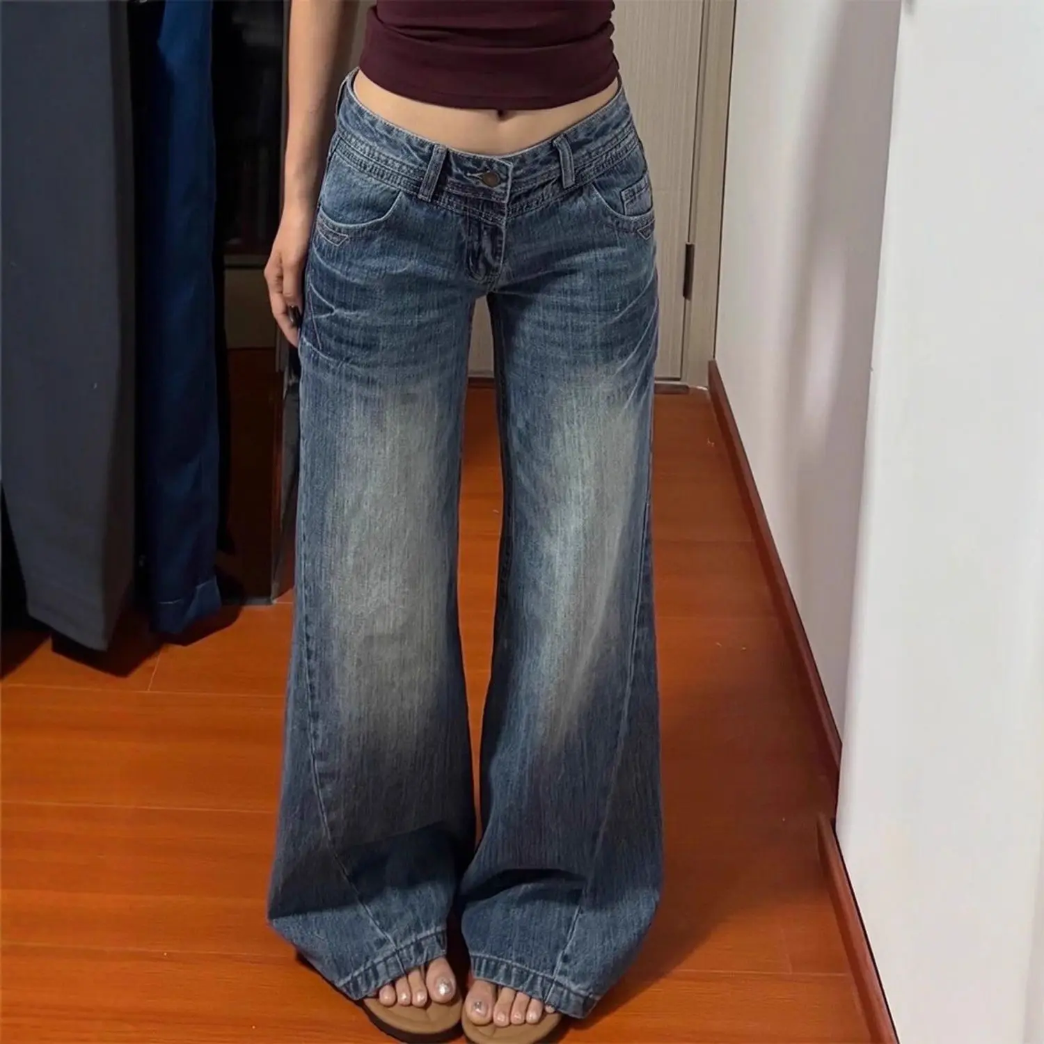 

American Retro Low Waist Flared Jeans Women's Non-Matching Waed Slim Loose Straight Leg Wide Leg Floor-Length Pants