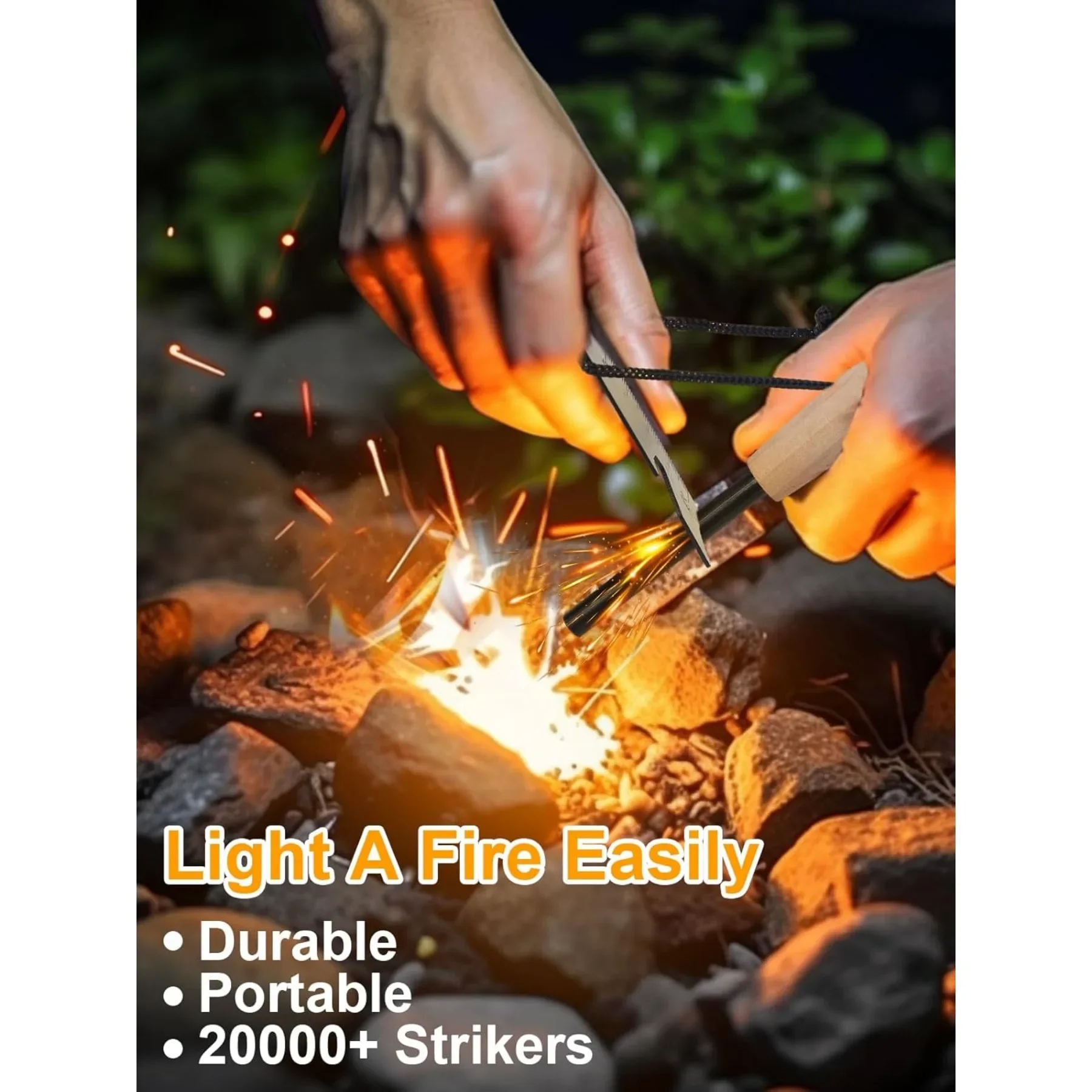 أداة النجاة في كاتب النار، مجموعة أدوات تشغيل النار تتضمن قضيبًا من المغنيسيوم، قطعتان من حبل القنب الفتيل وحقيبة خارجية متعددة الوظائف