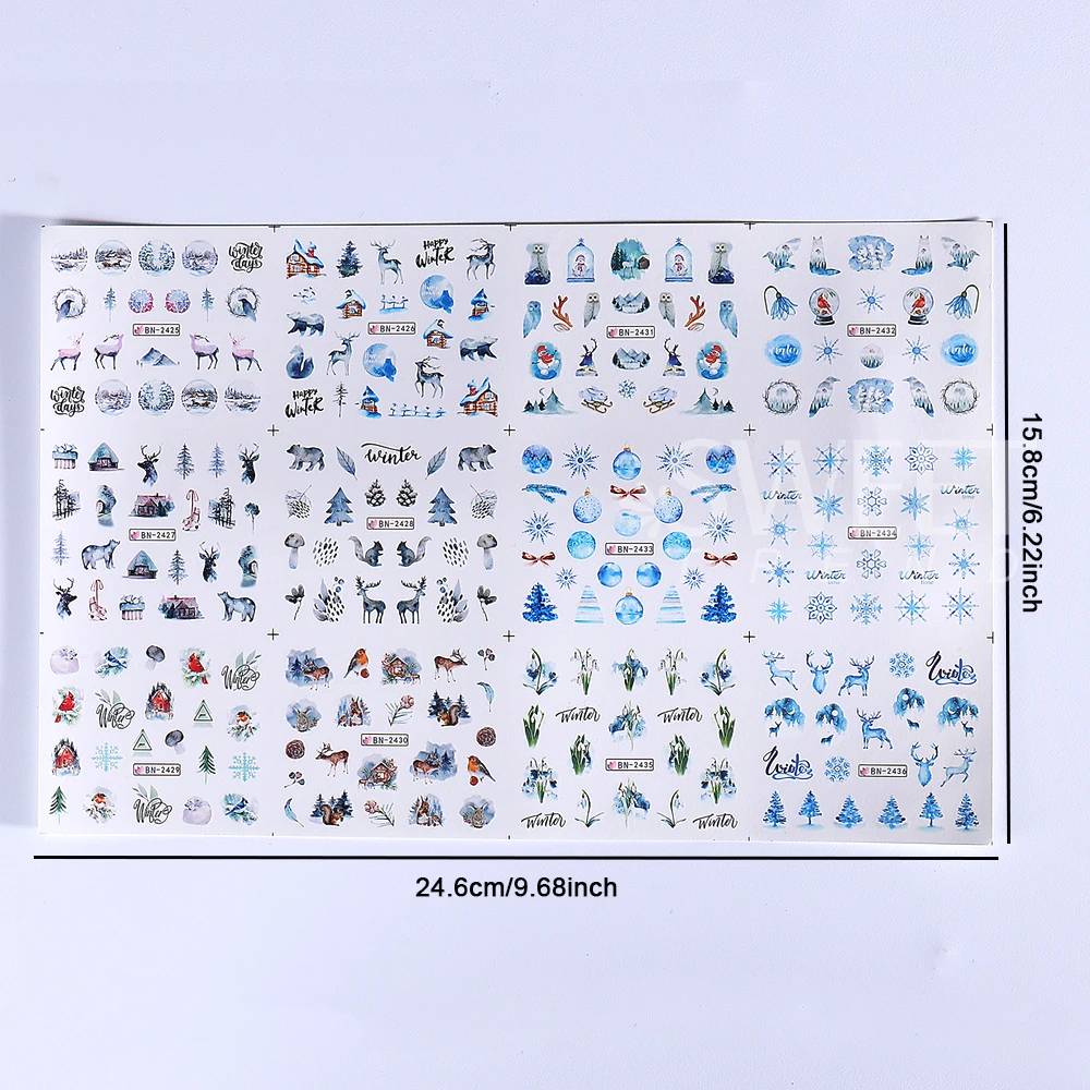 2장 - 24가지 디자인 겨울 크리스마스 네일 스티커 워터 트랜스퍼 데칼 엘크 산타 펭귄 눈송이 슬라이더 매니큐어 장식용
