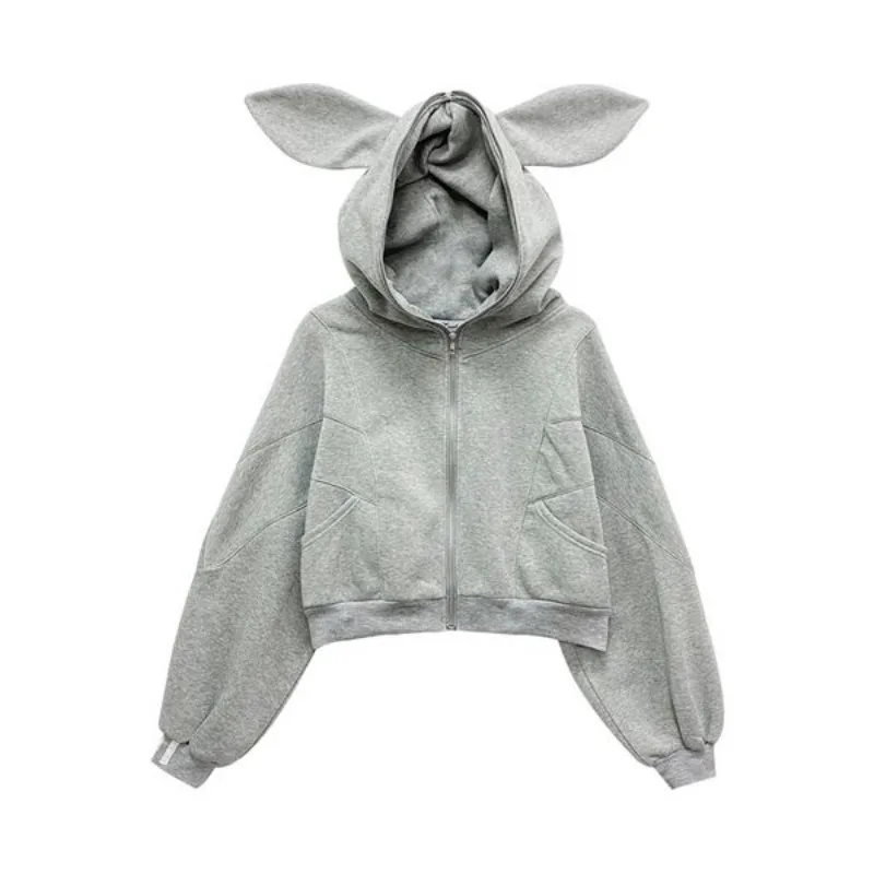 Kimuto hoodie manis Harajuku wanita, Sweatshirt longgar telinga kelinci musim gugur musim dingin dengan saku ritsleting