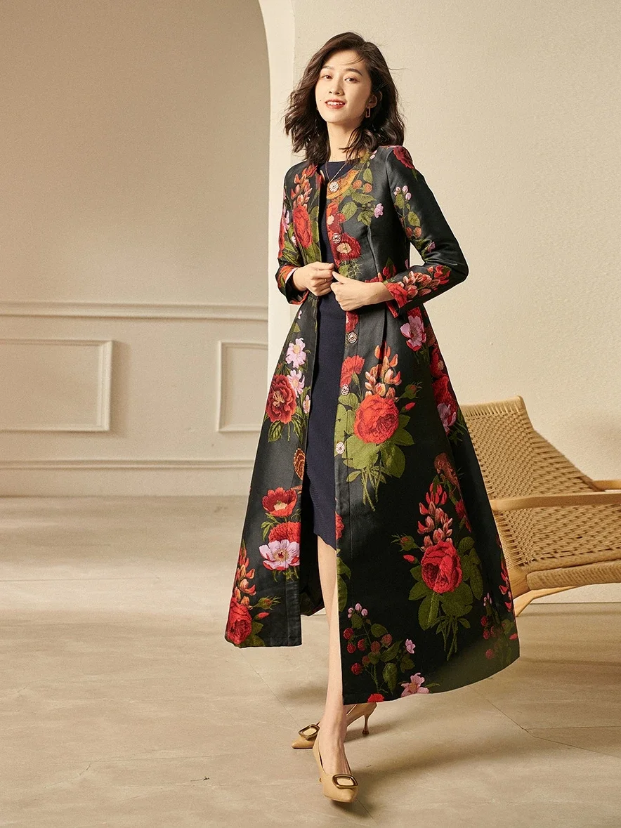 2023 Spring Fall Vintage Womens Clothes Luxury Dobby Floral Pattern Trench Coat , Woman 3xl High Waisted Long Coats