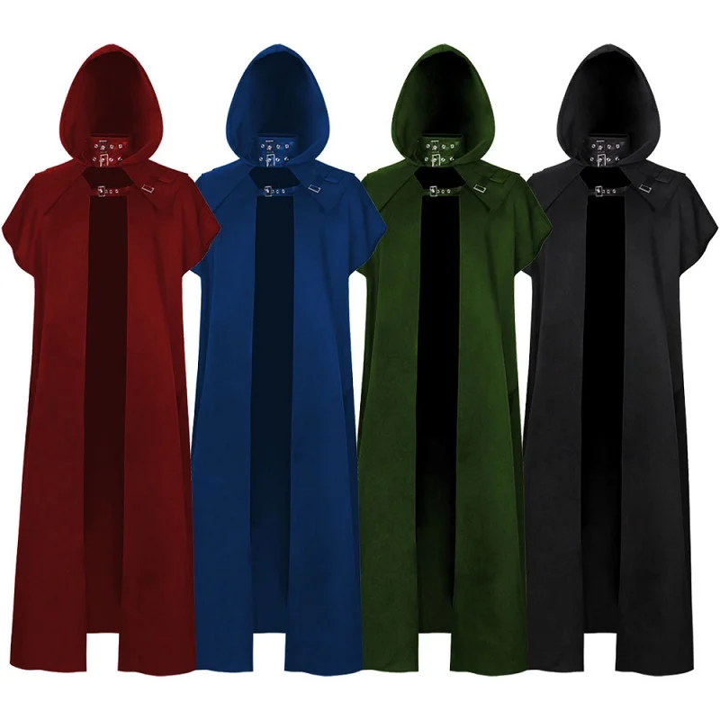 Middeleeuwse Mantel Kapmantel Mannen Assassin Cosplay Kostuum Vintage Gothic Geknikte Stand Kraag Lederen Schoudertas Ridders Cape