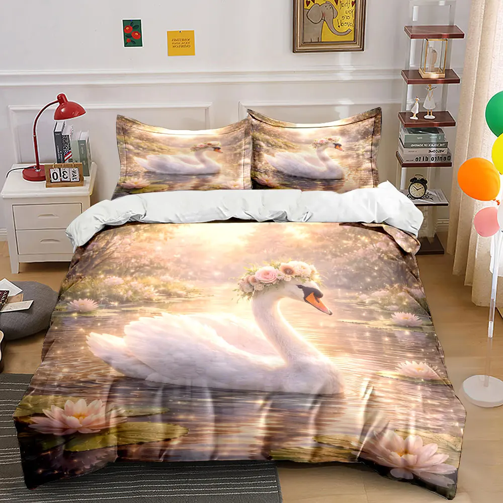 Retro Swan with Water Lilies Bedding Set for Kids Luxury Gift 3pcs Digital Print Comforter Set Soft Comfortable Breathable