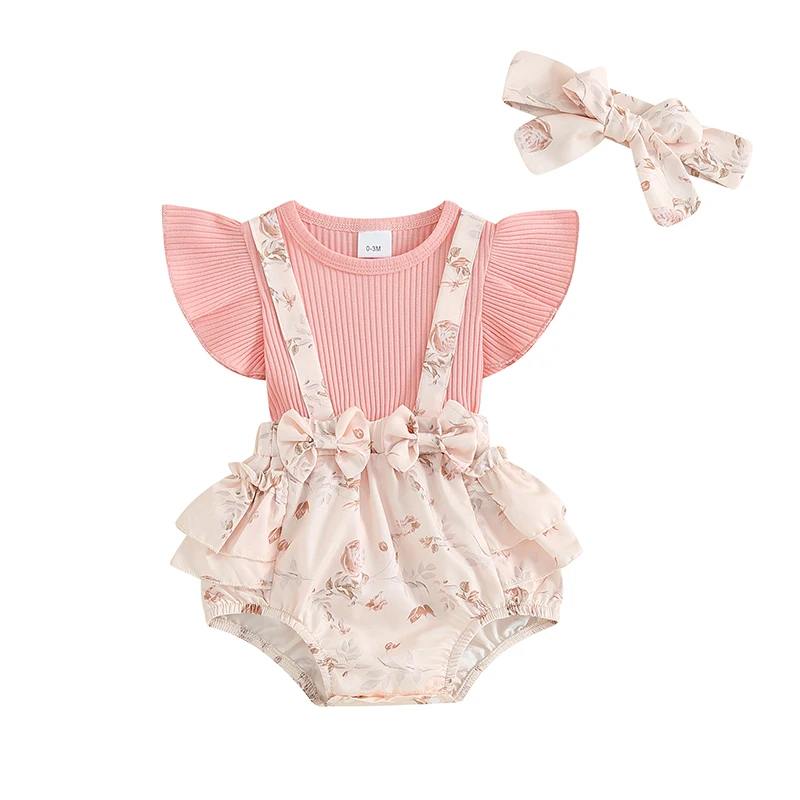 

0-12M Infant Girl Romper Rib Knit Patchwork Floral Print Fly Sleeve Ruffles Jumpsuits Newborn Clothes Baby Bodysuits Headband