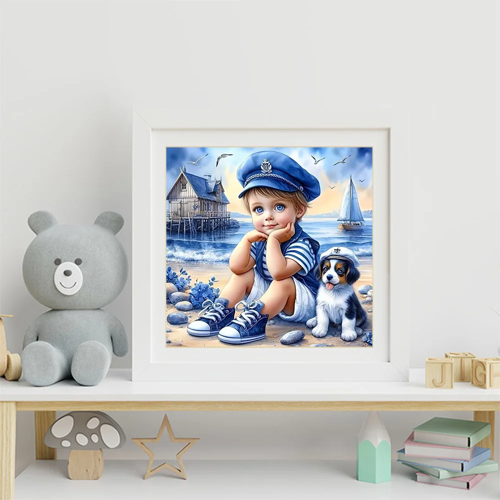 Momoart Full Diamond Painting Kid Boy Portrait Picture Of Rhinestones Mosaic Dog DIY Embroidery Seasdie Home Decor