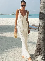 White Knit Hollow Out Long Dress Women Beach Holiday V-Neck Slim Ruffled Backless Party Dress Knitwear Ladies Maxi Dress