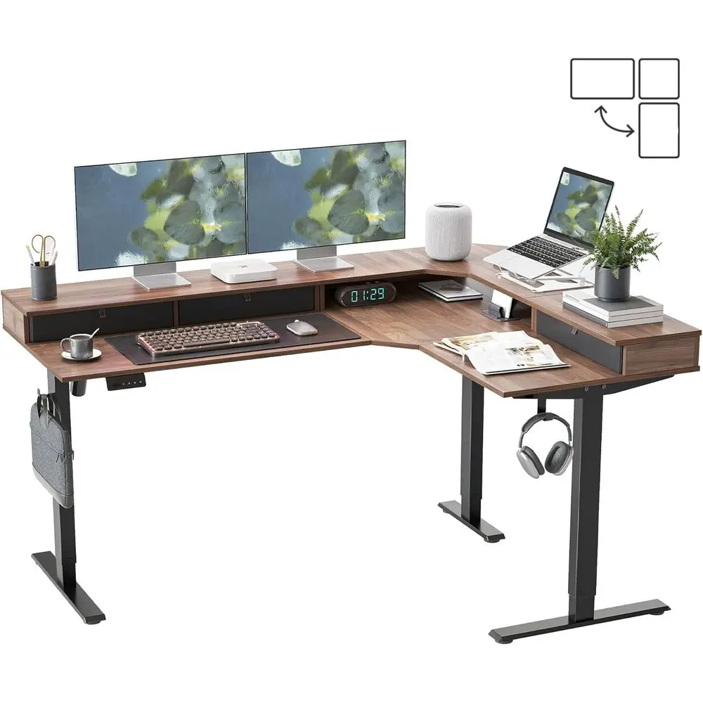 L-Shaped Electric Standing Desk, 63x48 with Reversible Top, 2 Height Memory Settings, Ideal for Home Office and Gaming
