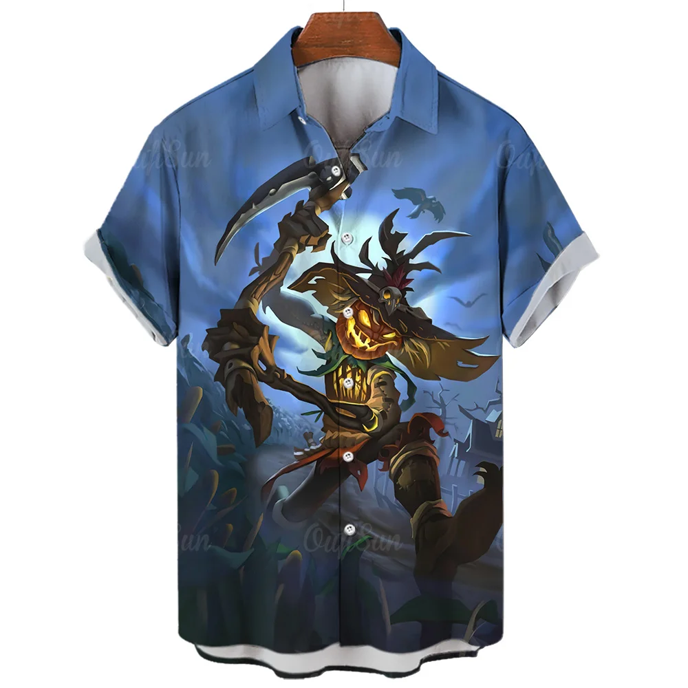 Halloween Ghost scarecrow pumpkin bat Shirts For Men 3d Horror skull Printed High-Quality Beach Fashion Short Sleeved Hawaiian