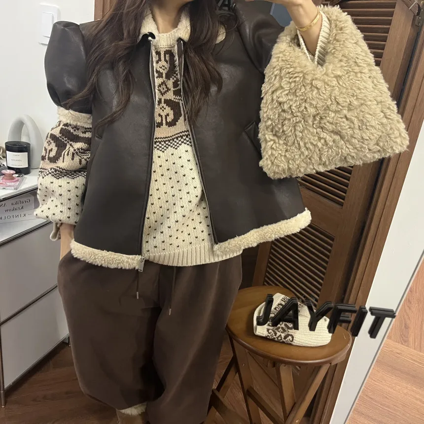 السيدات شيك ريترو فضفاض فرو الضأن Jaet السائق Sle كل مباراة الخريف الشتاء وصول جديد معطف الجلد والجلد