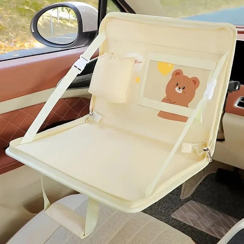 Car Backseat Organizer with Foldable Food Tray for Kids & Adults Steering Wheel Storage Bag Cartoon Bear Hanging Car Organizador