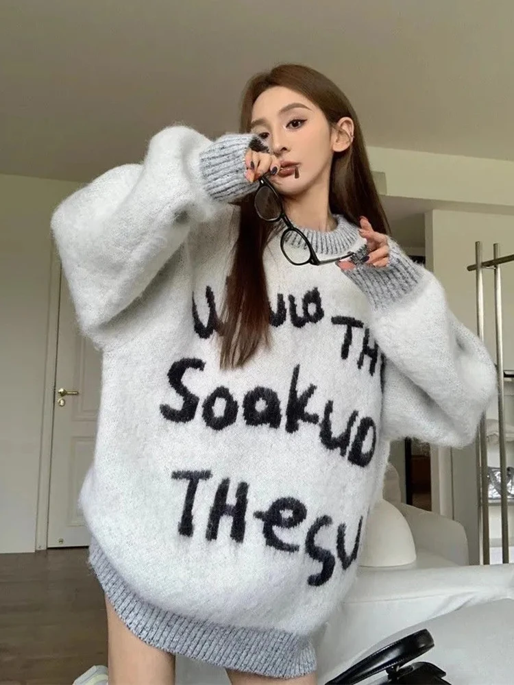 

Streetwear Hip Hop Letter Sweater Women Vintage American Y2K Knitted Jumper Casual Harajuku Oversize Long Sleeve Bf Pullover New