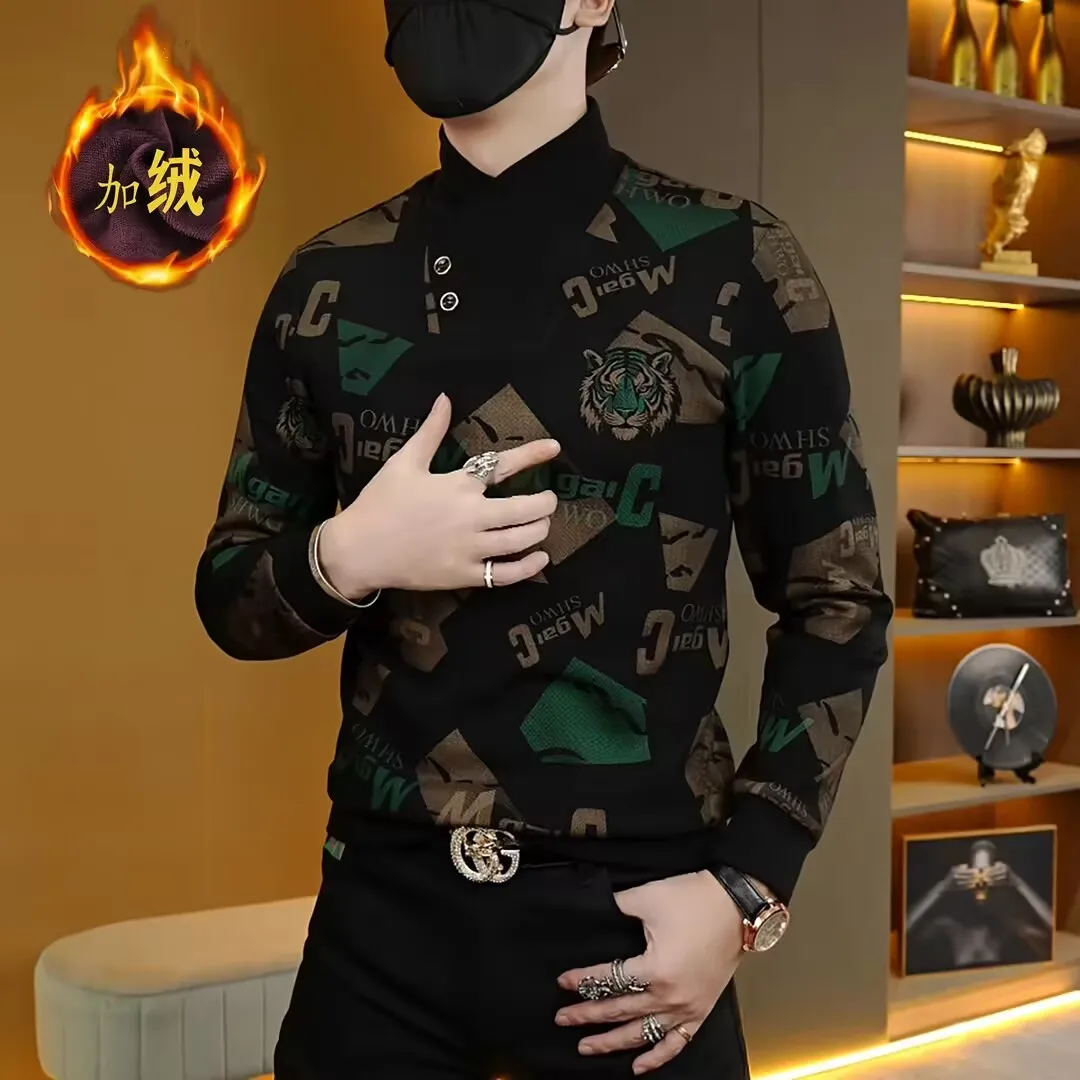 

Autumn Winter Embroidered Scarf Collar Sweatshirt Men Thick Velvet Warm Long Sleeved T-shirt Casual Business Pullover