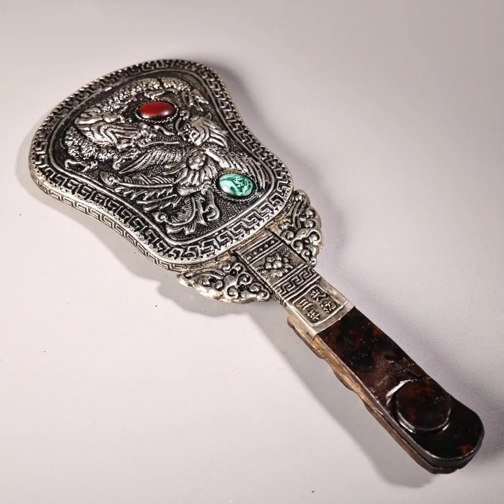 Old Chinese tibetan Silver Plated Hand Mirror with Dragon & Phoenix Relief