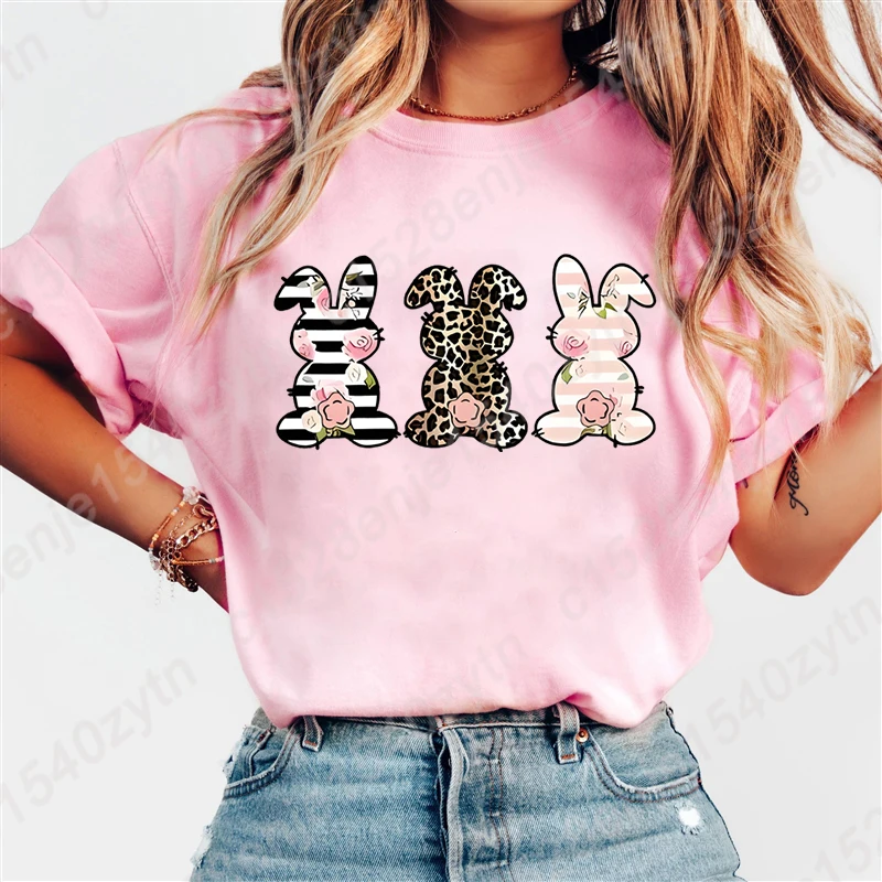 Easter Rabbit Graphic T-shirt, Easter Day Tees, Cute Leopard Bunny Print T-shirt, Round Neck Tops, Women's Graphic T-shirts