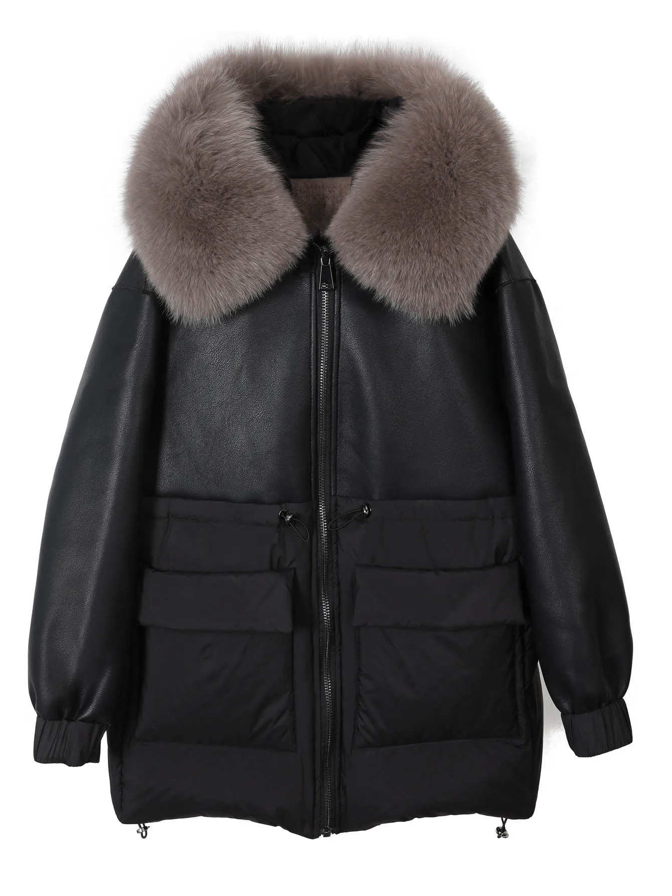 Removable Large Real Fox Fur Collar Hooded Winter Warm Down Jacket Mid Length Loose Puffer Coat Composite PU Spliced Down Parka