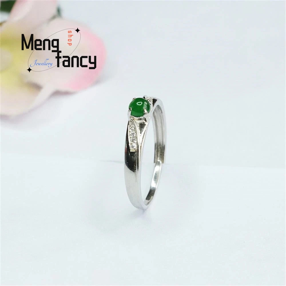 S925 Silver Inlaid Natural Jadeite Ice Type Imperial Green Finger Ring Exquisite Elegant Charm High-grade Couple Fashion Jewelry