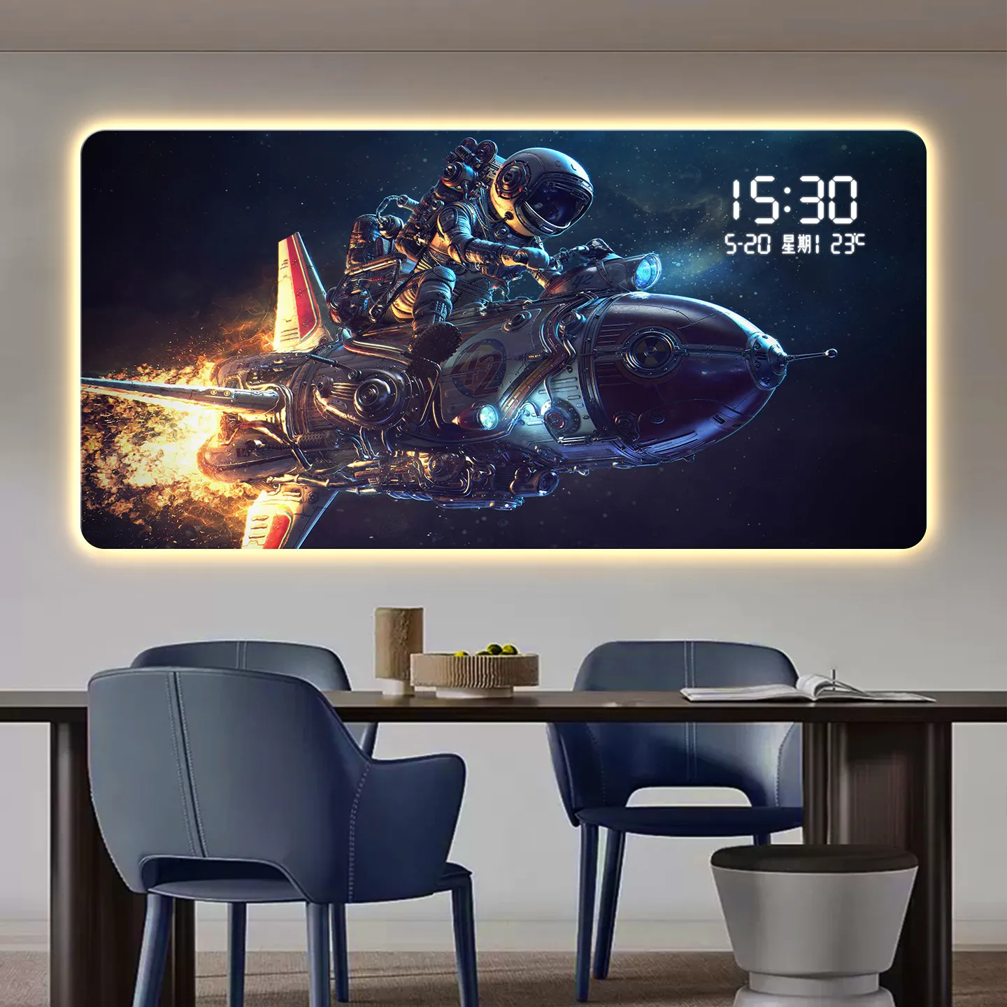 Astronaut living room decoration painting, electronic clock, space planet hanging painting, dining room clock, wall lamp