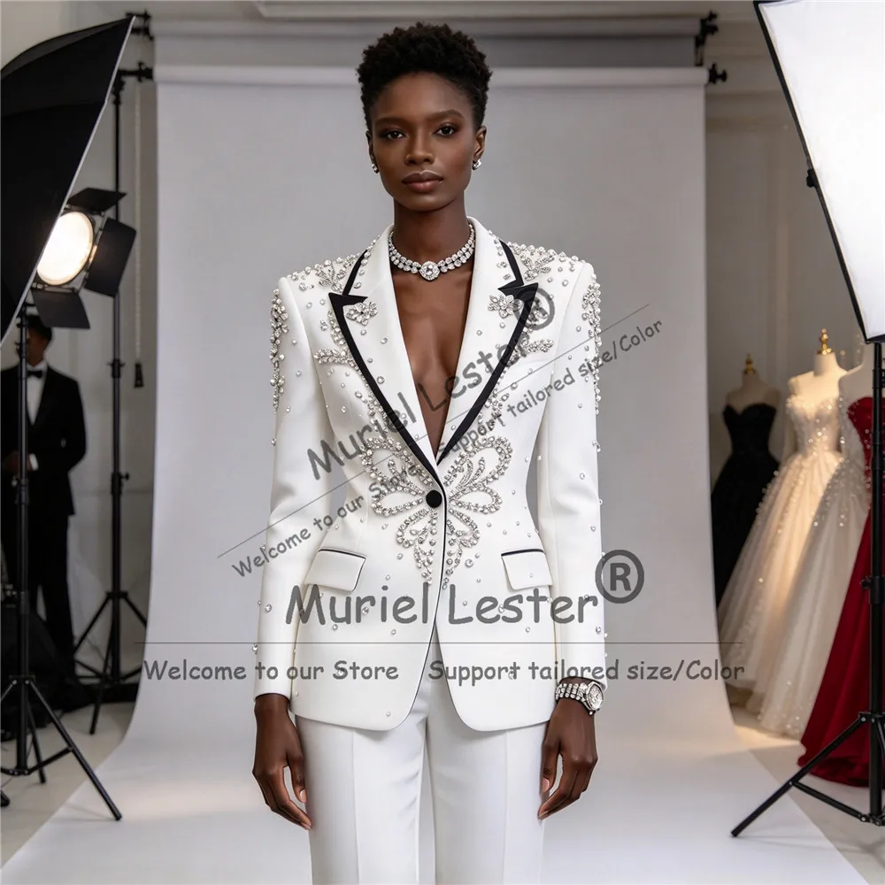 Unique Design Bride/Groom's Mother Tuxedo Customized Beaded Stones Women Pants Suit For Wedding 2 Piece Sets Lady Banquet Outfit