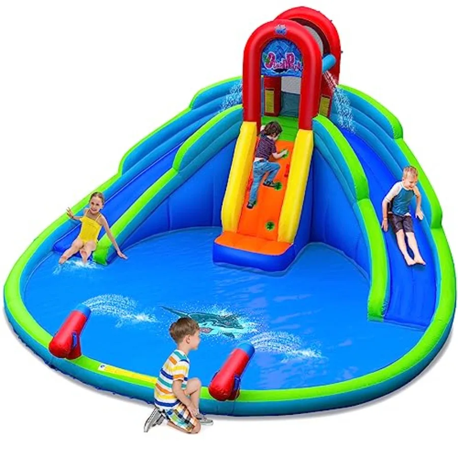 

Outdoor inflatable water slide park for kids: 18x17FT, dual long slides with splash pool and upgraded handrails, PVC material,