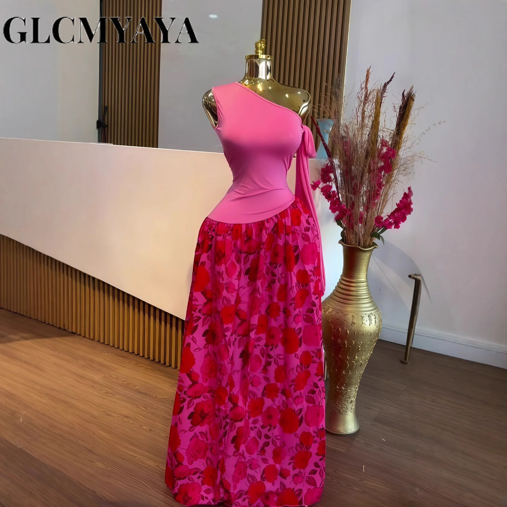 GLCMYAYA المرأة واحدة Bowknot الكتف بلا أكمام الأزهار المطبوعة ماكسي فستان طويل 2025 عطلة مثير نادي الحفلات فساتين Vestidos