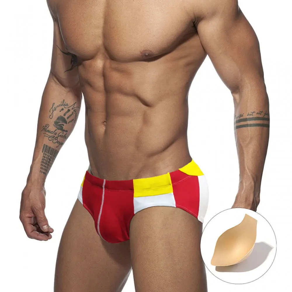 Men's sexy sports triangle swimming trunks bright line color matching drainage line with cup fashionable beach triangle