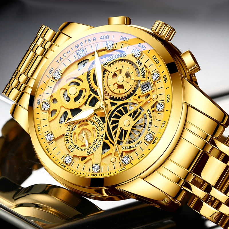 Fashion Tourbillon Design Gold Quartz Watch for Men Stainless Steel Strap Waterproof Luminous Date Luxury Diamond Mens Watches