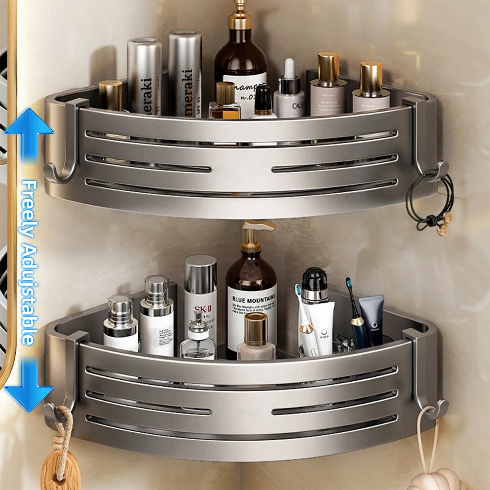 1-2PCS Bathroom Corner Shelf with Plastic Hook Towel Bar No Drill Space Aluminum Shower Storage Rack Bathroom Organizer