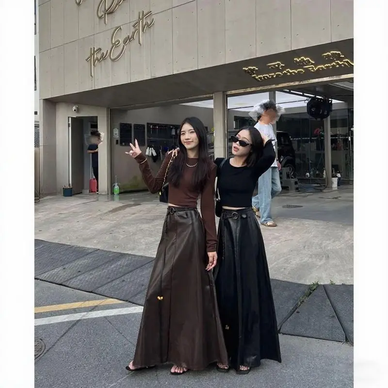 

French style retro high waisted slimming casual skirt for women in autumn loose and versatile PU leather long skirt