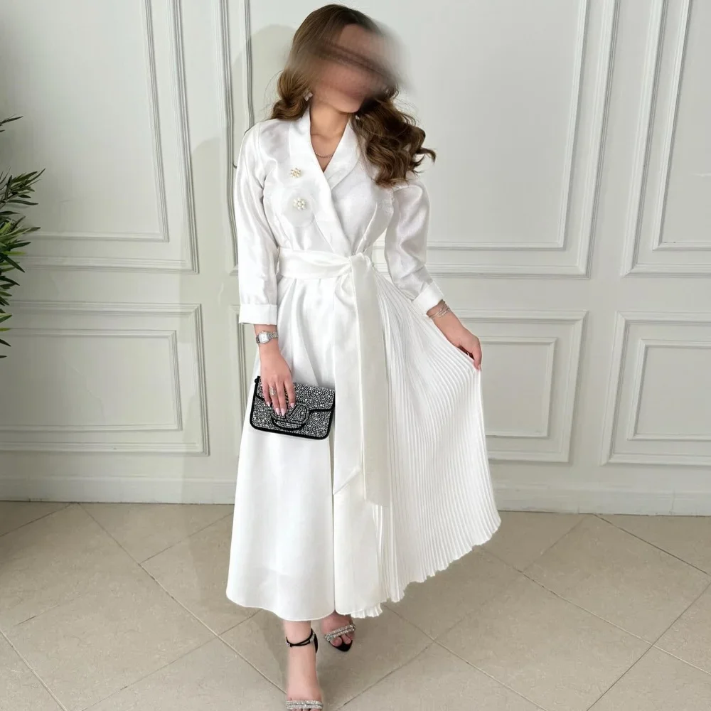 

Customized Satin Flower Draped Birthday A-line V-neck Bespoke Occasion Gown Midi Dresses