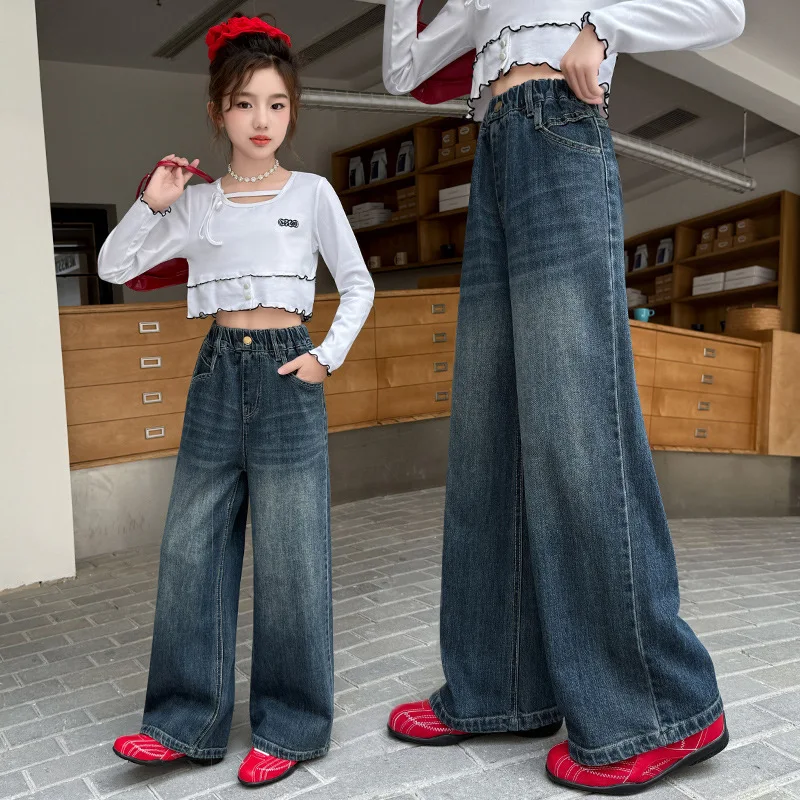 

Широкие джинсовые брюки для девочек. Винтажные прямые длинные брюки с поясом на завязках. Подходит для школы подростков, повседневной и повседневной носки.