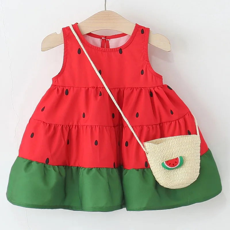 

2Piece Sets Summer Kids Girls Clothes Korean Cute Cartoon Watermelon Print Sleeveless Cotton Toddler Dress+Bag Baby Dresses B114