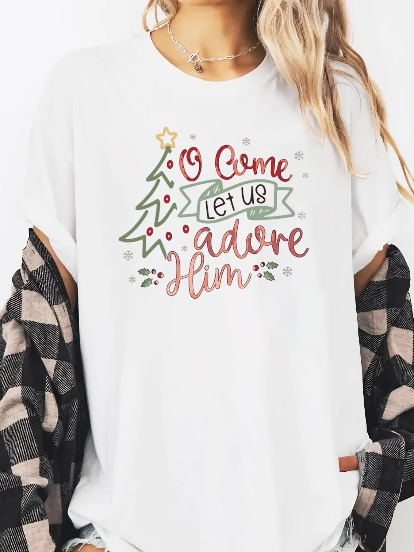 

Christmas Tree O Come Let Us Adore Him Print Christmas T-Shirt Women Casual Holiday Wear White Plus-size