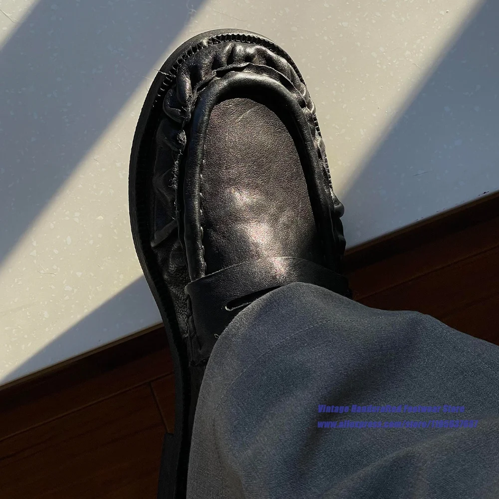 Black Soft Wrinkled Leather Loafers Slip On Formal Casual Dress Shoes Business Office Shoes Vintage Handcrafted Men's Shoes