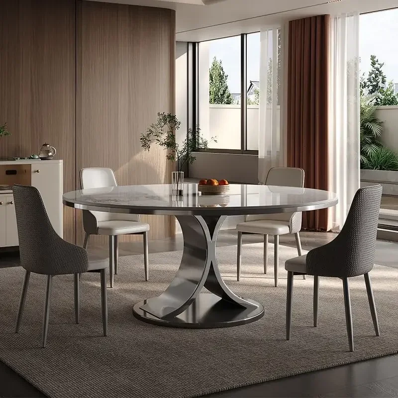 Bright rock slab dining table and chairs, dining table combination, modern simplicity, round household
