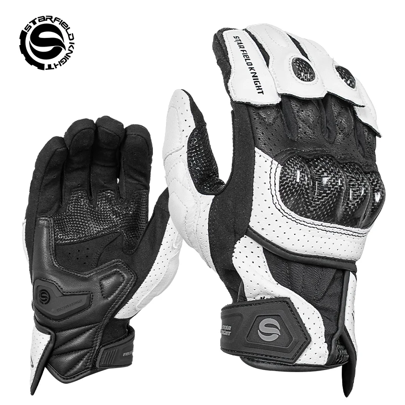 SFK Schwarz-weiße Motorradhandschuhe aus Kohlefaser, Reitschutz, neuer Sommer, atmungsaktiv, echtes Ziegenleder, rutschfest, verschleißfest