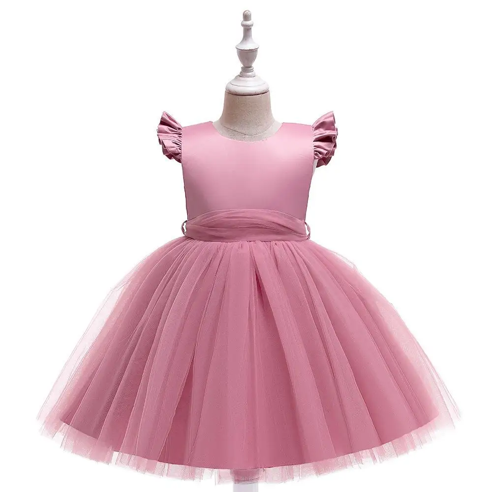 

Elegant Pink Fluffy Girl Dresses Birthday Tulle Sleeveless Bow Pearls Princess Wedding Party Gown Kids Piano Performance Costume
