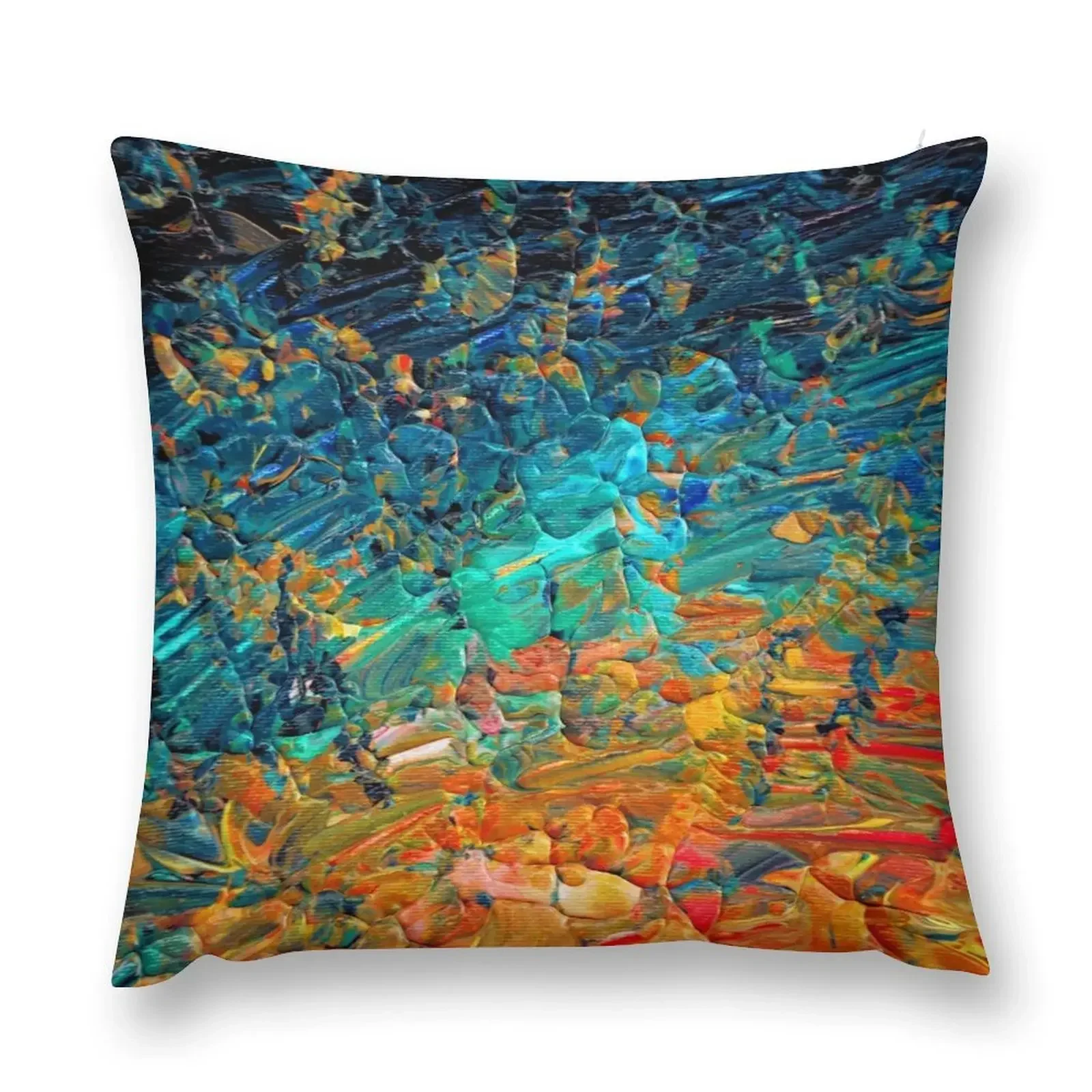 ETERNAL TIDE 2 Bold Rainbow Colorful Deep BlueTurquoise Aqua Orange Yellow Ombre Waves Abstract Acrylic Painting Throw Pillow