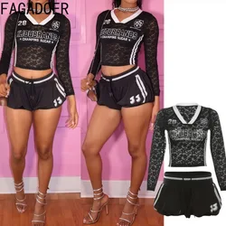 FAGADOER Y2K Sexy 2 Piece Sets Women Outfit Lace See Though Patchwork Crop Top + Drawstring Skirts Suit Hot Girl Streetwear New