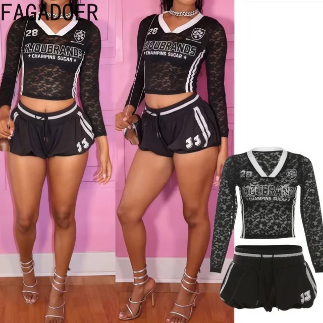 FAGADOER Y2K Sexy 2-częściowe zestawy damskie Outfit Lace See Though Patchwork Crop Top + Drawstring Skirts Suit Hot Girl Streetwear New