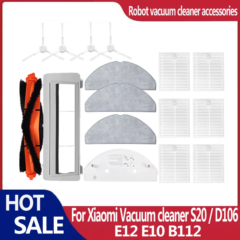 Для Xiaomi S20/D106 E12 E10 B112 Запчасти для робота-пылесоса - основной ролик, боковая щетка, HEPA-фильтр, швабра, тканевый мешок для пыли, аксессуары