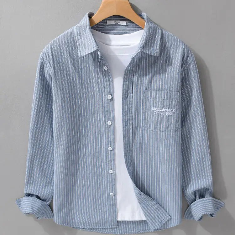 

Japanese Loose Striped Long-sleeved Shirt Men's Versatile Simple Casual and Fashionable CardiganYY70