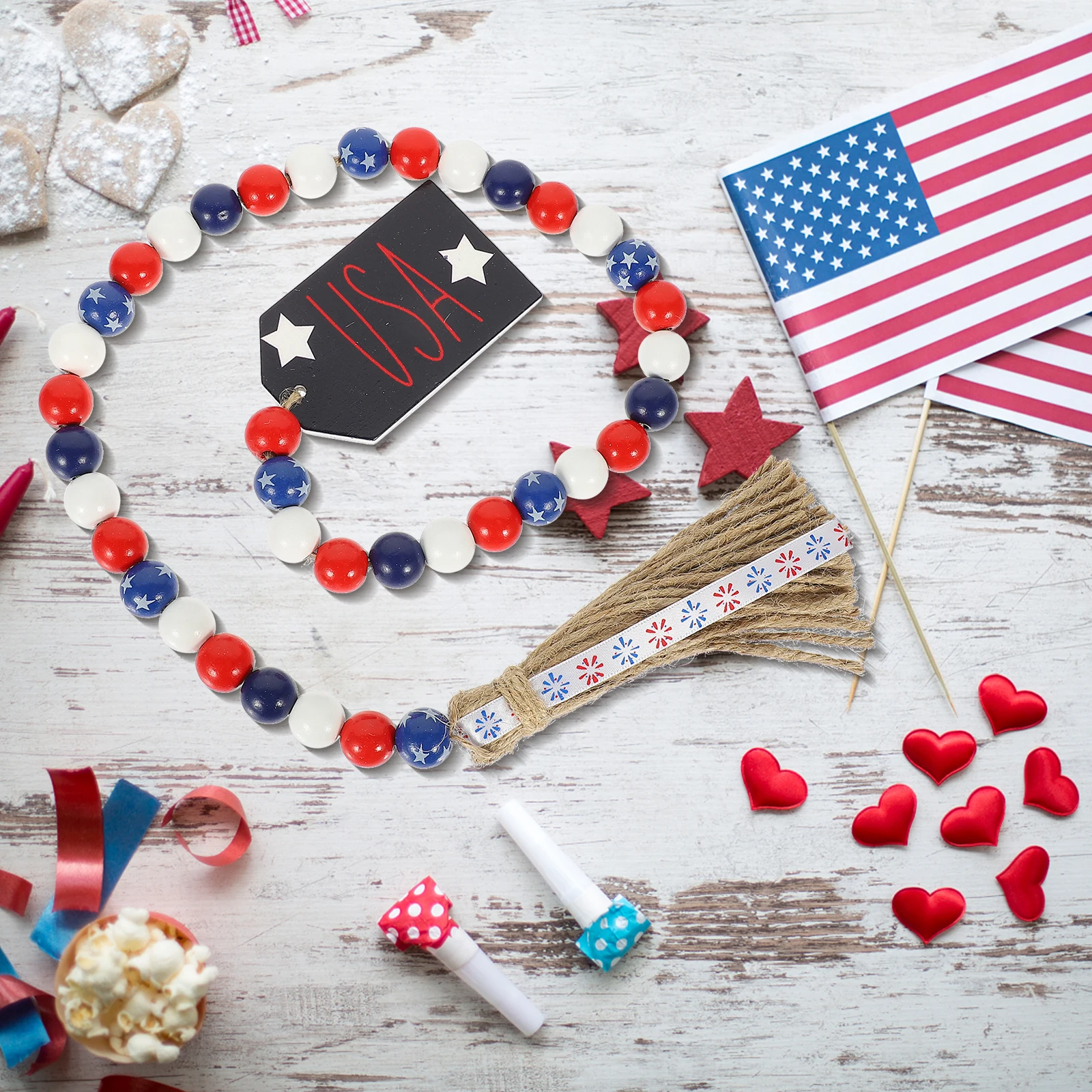 

Star Bead String Festival Beads Garland Ornament Wall Hanging Creative Wood Garlands Decor with Tassel Pendant Fringe