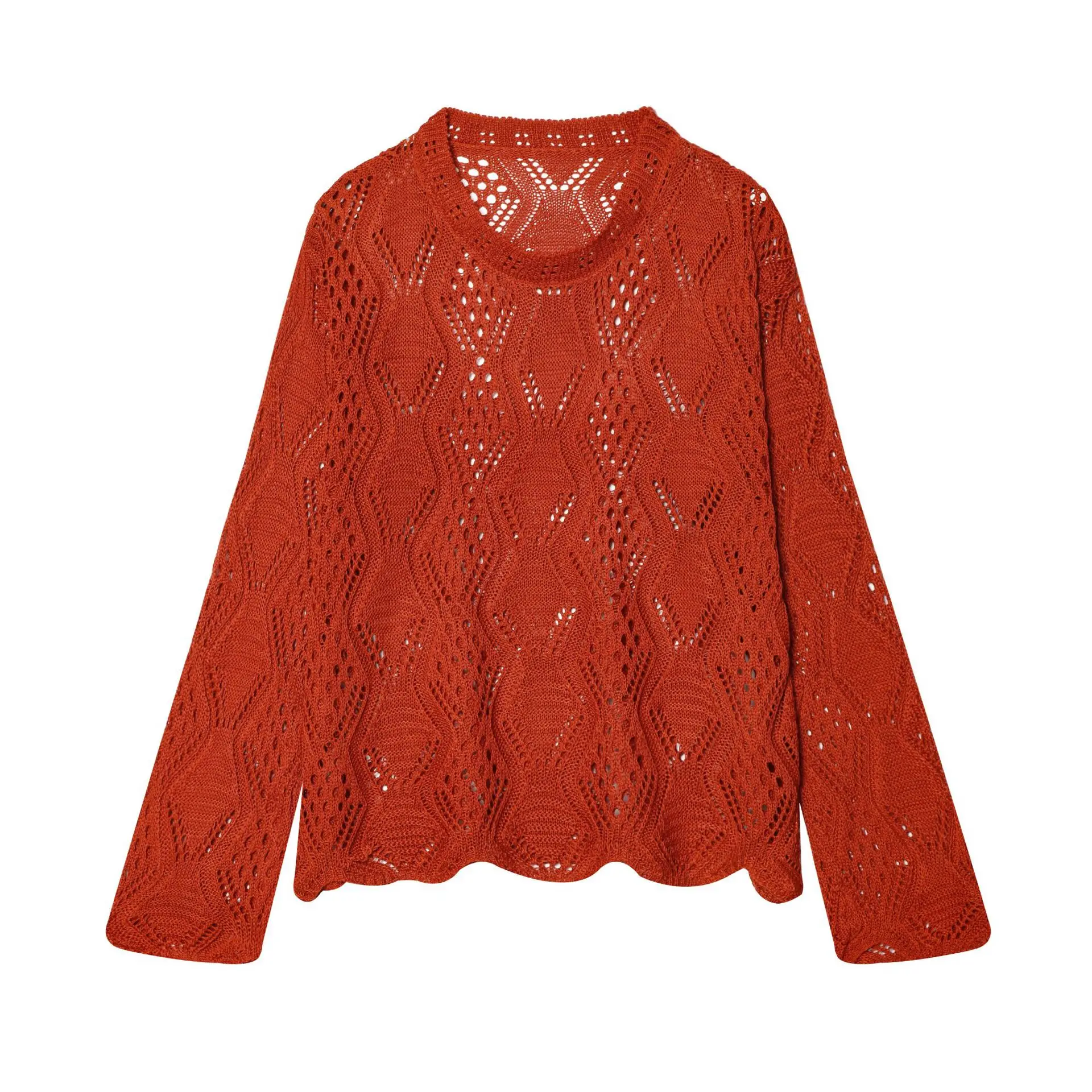 

Fashion Casual Hollow-out Knit Sweater Women Long Sleeved Knit Top Crew Neck Loose Fit Casual Sweater Solid Color Elegant 923F