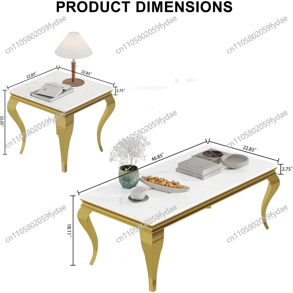 3 Pieces Living Room Table Set, Faux Marble Coffee Table with 2 End Side Tables, Stainless Steel Base Mirrored Finish for Home O