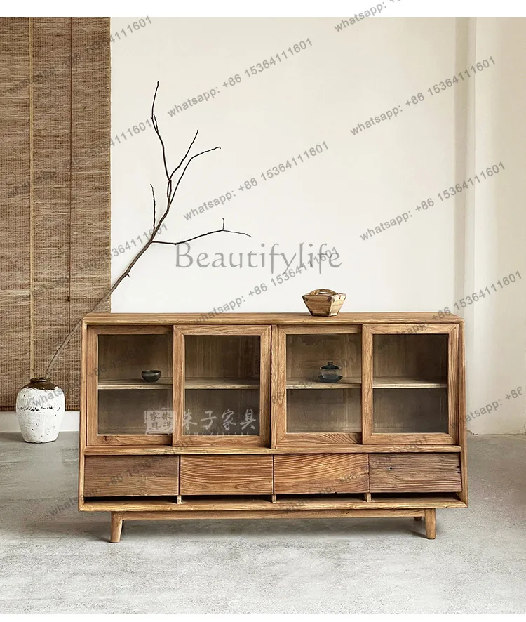 PG Old elm dining side cabinet solid wood living room tea cabinet multi-functional glass storage designer home