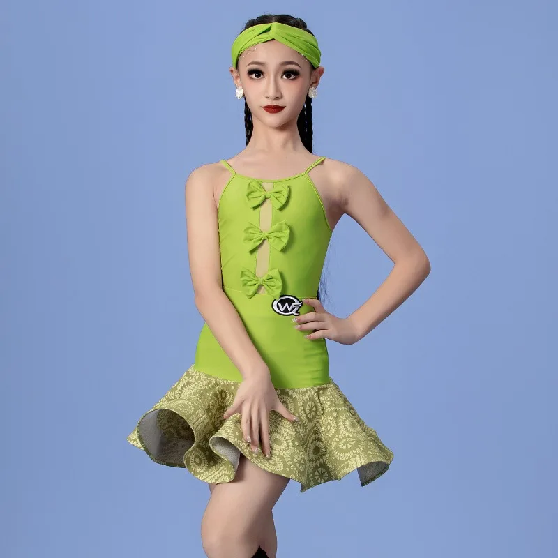 เสื้อผ้าฝึกซ้อมเต้นละตินสไตล์ใหม่ ชุดฝึกซ้อมเต้นเด็กหญิงและเด็ก ชุดแข่งขันประสิทธิภาพเชือกแขวนคอฤดูร้อน
